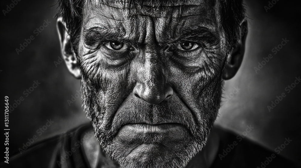 A striking black and white portrait showcasing the deep lines and intense gaze of an aged man, embodying strength and experience. A striking black and white portrait showcasing the deep lines and intense gaze of an aged man, embodying strength and experience.