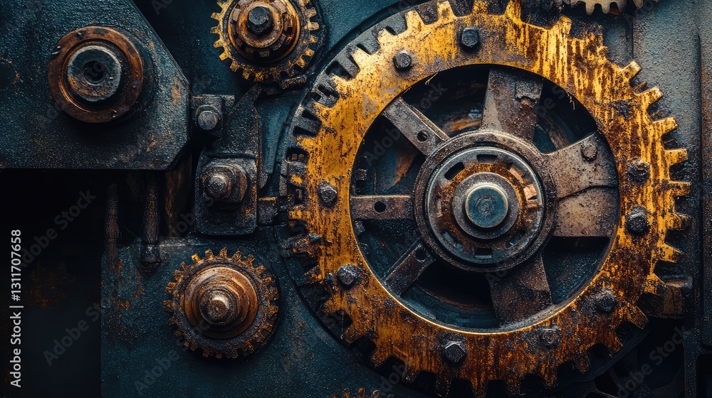 Rusted and weathered mechanical parts of an old factory machine, with textured metal surfaces and a dark industrial background. Copy space on the left. Rusted and weathered mechanical parts of an old factory machine, with textured metal surfaces and a dark industrial background. Copy space on the left.