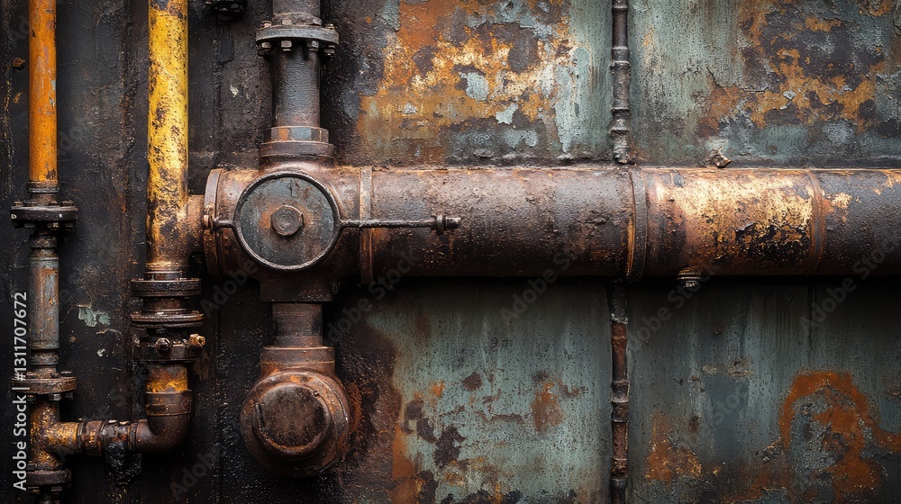 Rusted and weathered mechanical parts of an old factory machine, with textured metal surfaces and a dark industrial background. Copy space on the left. Rusted and weathered mechanical parts of an old factory machine, with textured metal surfaces and a dark industrial background. Copy space on the left.