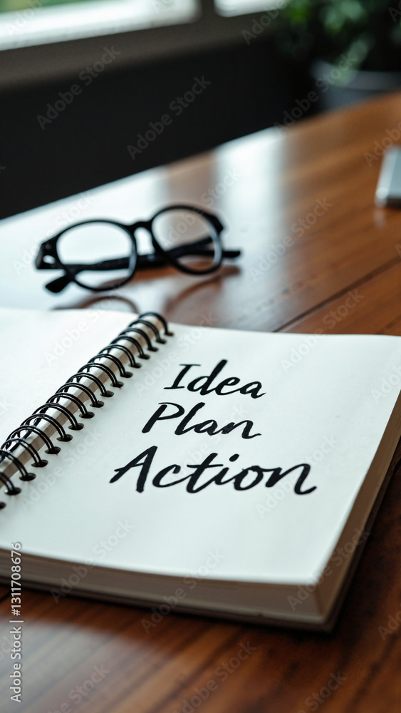 A Stylish Notepad and Reading Glasses on a Polished Desk: Perfect for Business and Motivational Content A Stylish Notepad and Reading Glasses on a Polished Desk: Perfect for Business and Motivational Content