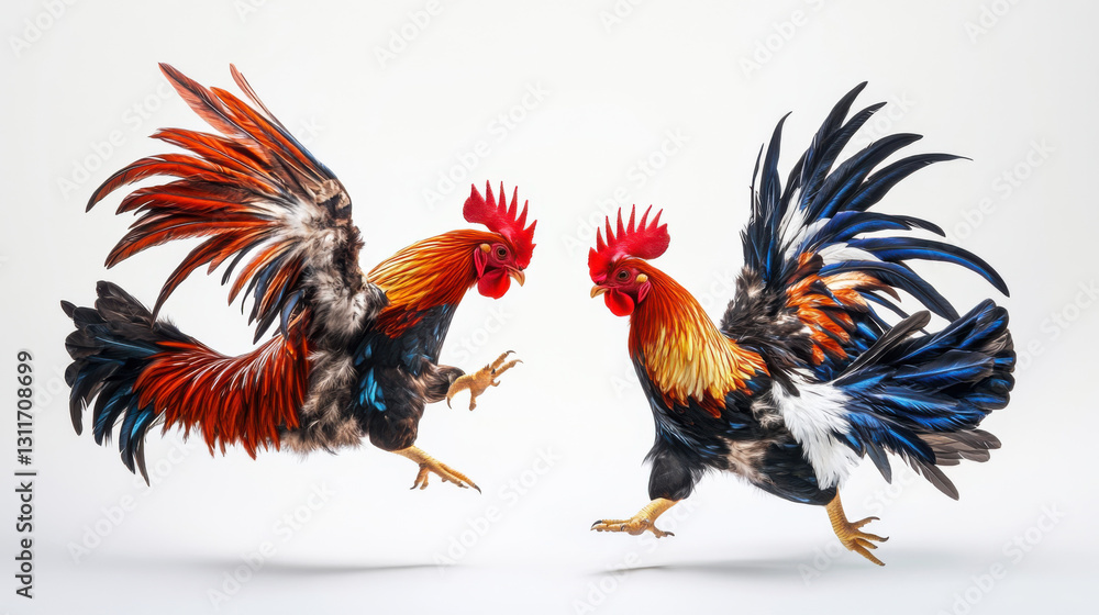 Fototapeta premium Two fierce Thai fighting roosters mid-battle, feathers flying
