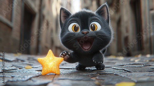 Cute black cat holds star in alleyway