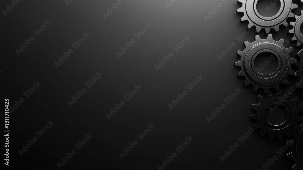 Stacked gears with light reflections, set against a clean monochrome background with modern aesthetics. Negative space on the side for easy design application. Stacked gears with light reflections, set against a clean monochrome background with modern aesthetics. Negative space on the side for easy design application.