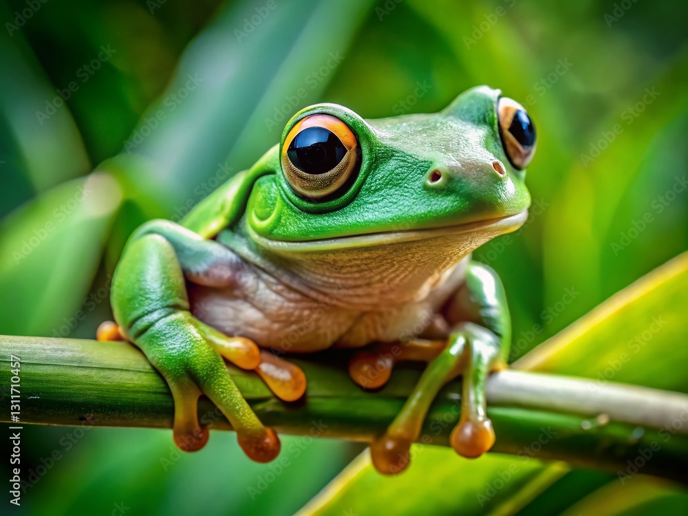 Vibrant Green Tree Frog Perched on Branch - Drone Aerial View Vibrant Green Tree Frog Perched on Branch - Drone Aerial View