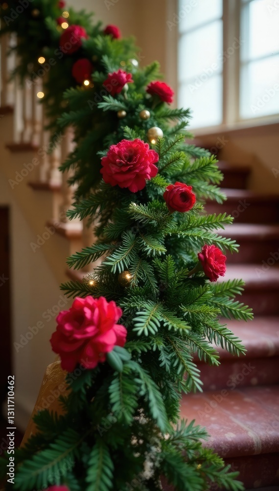 Evergreen fir branches with garlands of carnations and chrysanthemums draped over a staircase, Christmas, fir, winter Evergreen fir branches with garlands of carnations and chrysanthemums draped over a staircase, Christmas, fir, winter