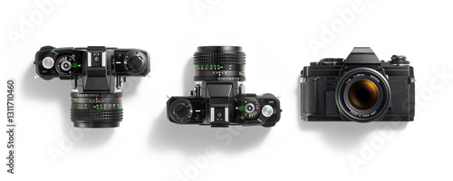 Obraz na płótnie Top view of 35mm film camera, analog vintage classic retro style, isolated on a transparent background, PNG