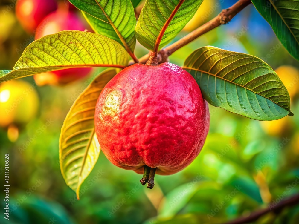 Vibrant Guava Fruit Close-Up: Fresh, Ripe Tropical Guava on Branch