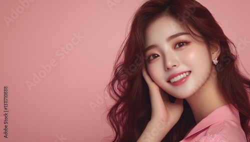 Beautiful Korean female model smiling and holding out her hand to the side, wearing a pink top with a pastel background,