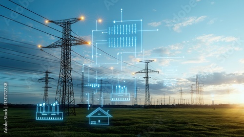 Energy Infrastructure Advanced Power Grid System with Transmission Towers Cables and Renewable Energy Sources Silhouetted Against a Dramatic Sunset Sky in a Scenic Rural Landscape