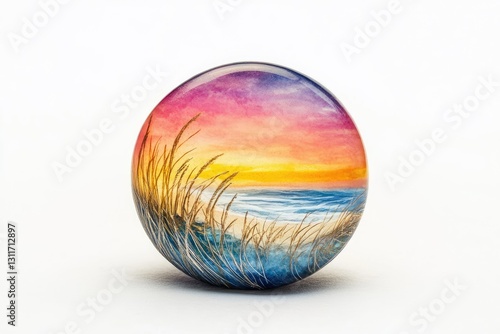 Beautiful sunset over the beach with tall grass and sand dunes.