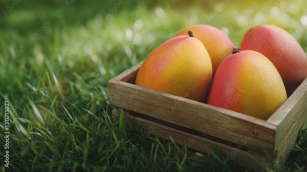 close-up of fresh mango in a wooden basket close-up of fresh mango in a wooden basket