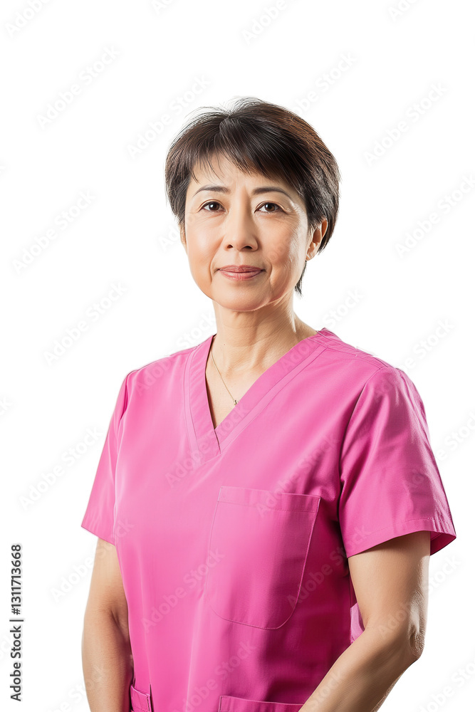 Healthcare professional wearing pink scrubs posing for portrait on isolated white background, nurse or doctor with confidence and compassion in medical field. Healthcare professional wearing pink scrubs posing for portrait on isolated white background, nurse or doctor with confidence and compassion in medical field.
