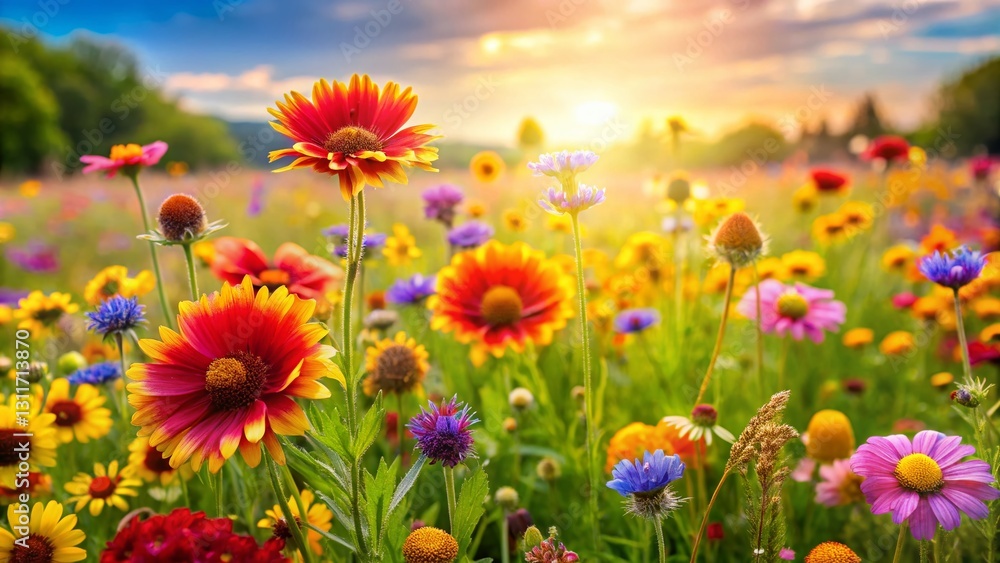 Vibrant Meadow Wildflowers Blooming in Summer Sun, Copy Space Right Vibrant Meadow Wildflowers Blooming in Summer Sun, Copy Space Right