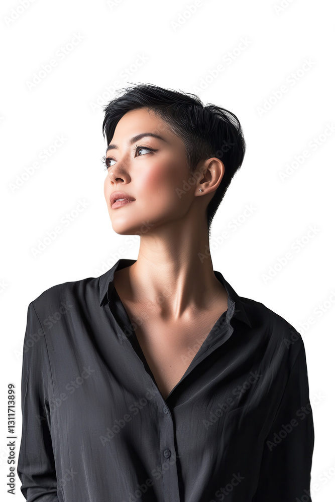 Woman looking confidently to the side with short hair on a white background, fashion portrait, beauty, self-expression, modern style, empowering image. Woman looking confidently to the side with short hair on a white background, fashion portrait, beauty, self-expression, modern style, empowering image.