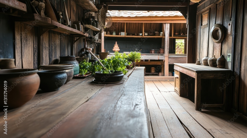 An old wooden kitchen interior with rustic and natural features An old wooden kitchen interior with rustic and natural features