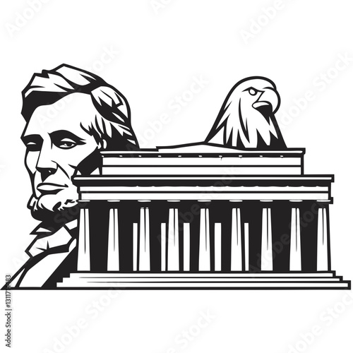 T-Short Pront sightseeing Lincoln Memorial with eagle in black and white illustration