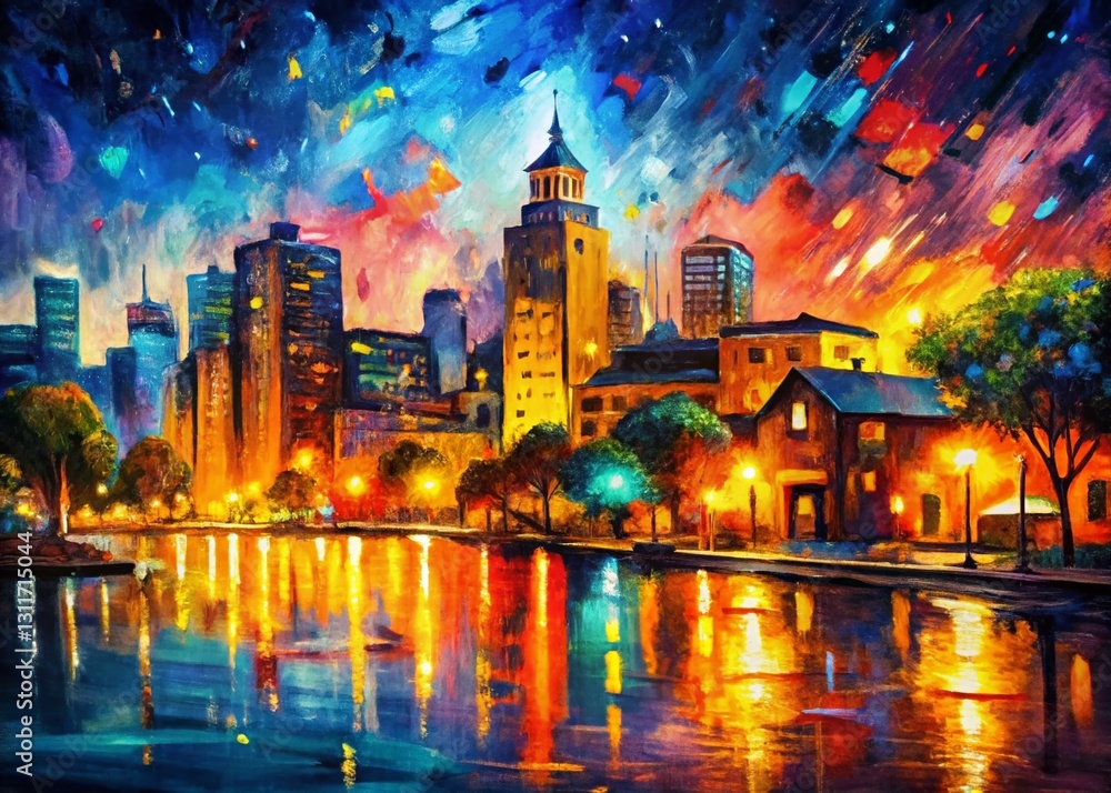 Naklejka premium Vibrant Night Cityscape, Impressionistic Brushstrokes, Colorful Lights, Urban Art