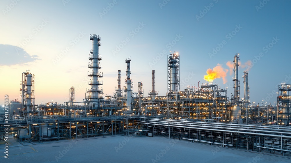 Illuminated Nighttime Refinery Skyline with Glowing Towers Pipelines and Flares in an Expansive Industrial Urban Landscape Illuminated Nighttime Refinery Skyline with Glowing Towers Pipelines and Flares in an Expansive Industrial Urban Landscape