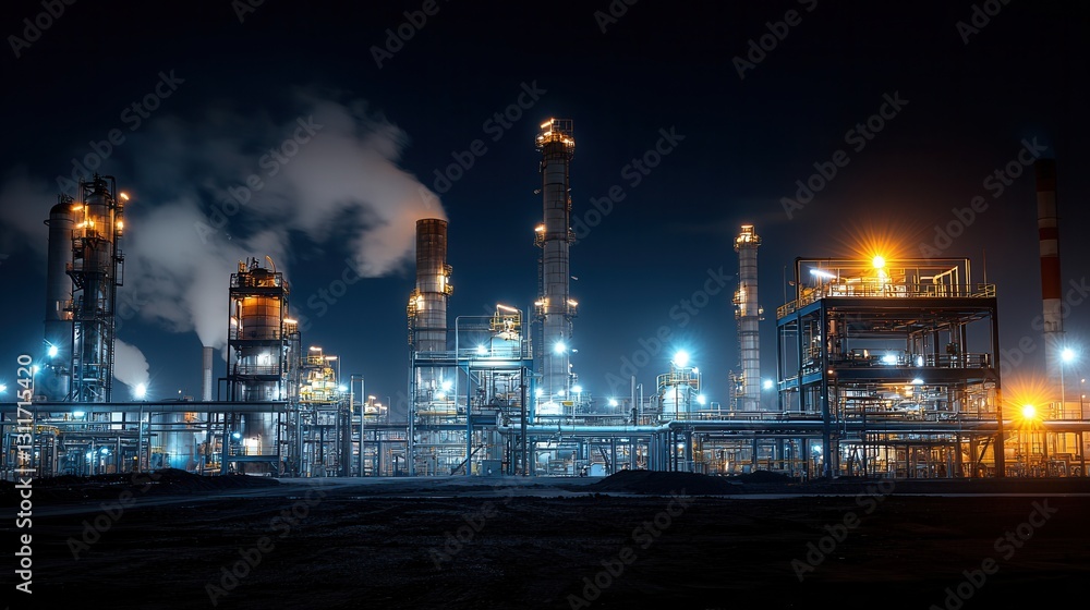 Illuminated Nighttime View of a Sprawling Petrochemical Plant and Gas Processing Facility with Towering Smokestacks Intricate Pipe Networks and Glowing Storage Tanks Set Against an Urban Skyline Illuminated Nighttime View of a Sprawling Petrochemical Plant and Gas Processing Facility with Towering Smokestacks Intricate Pipe Networks and Glowing Storage Tanks Set Against an Urban Skyline