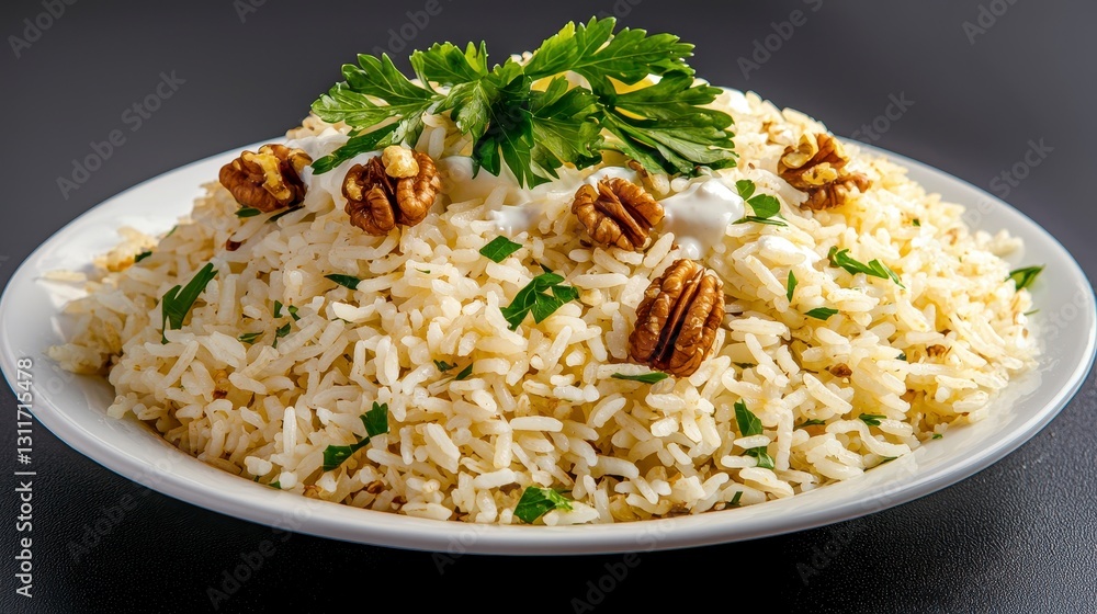 Fluffy White Rice with Walnuts and Parsley Garnish Fluffy White Rice with Walnuts and Parsley Garnish