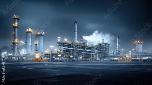 Illuminated nighttime view of a large industrial gas plant facility with towering chimneys pipes and other The complex is bathed in bright light against a dark urban skyline photo