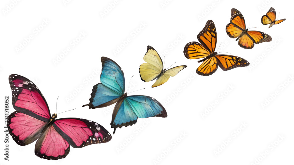 Obraz premium SIx colorful butterflies flying isolated on white background. Suitable for marketing or business purposes. PNG file