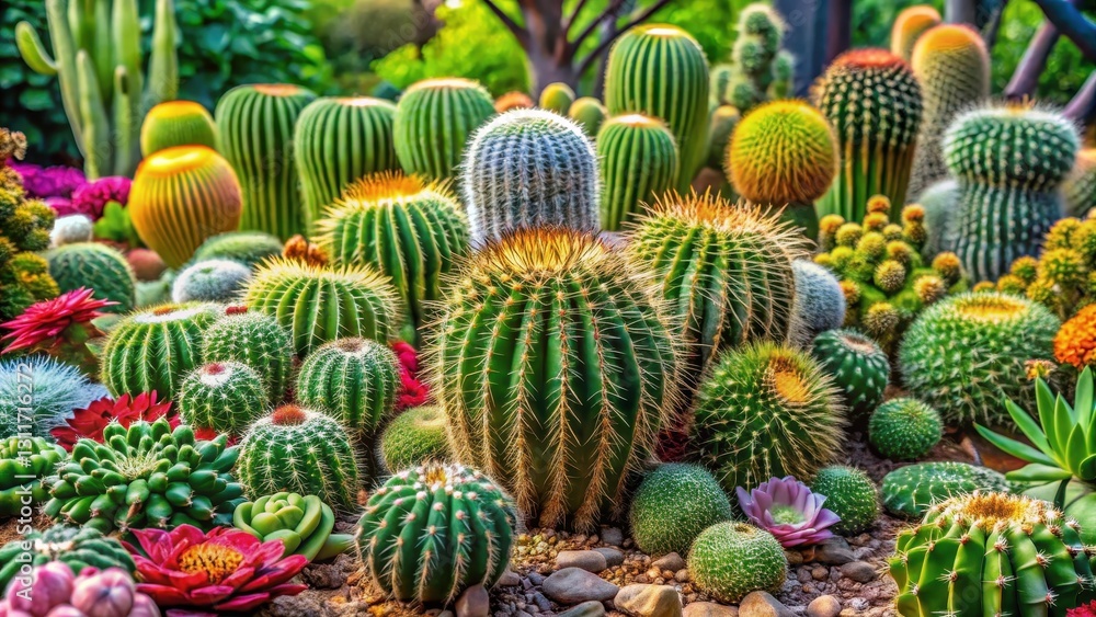 A large cluster of various green cactus plants in a lush garden setting with vibrant flowers and foliage , succulent gardens, green cactus A large cluster of various green cactus plants in a lush garden setting with vibrant flowers and foliage , succulent gardens, green cactus