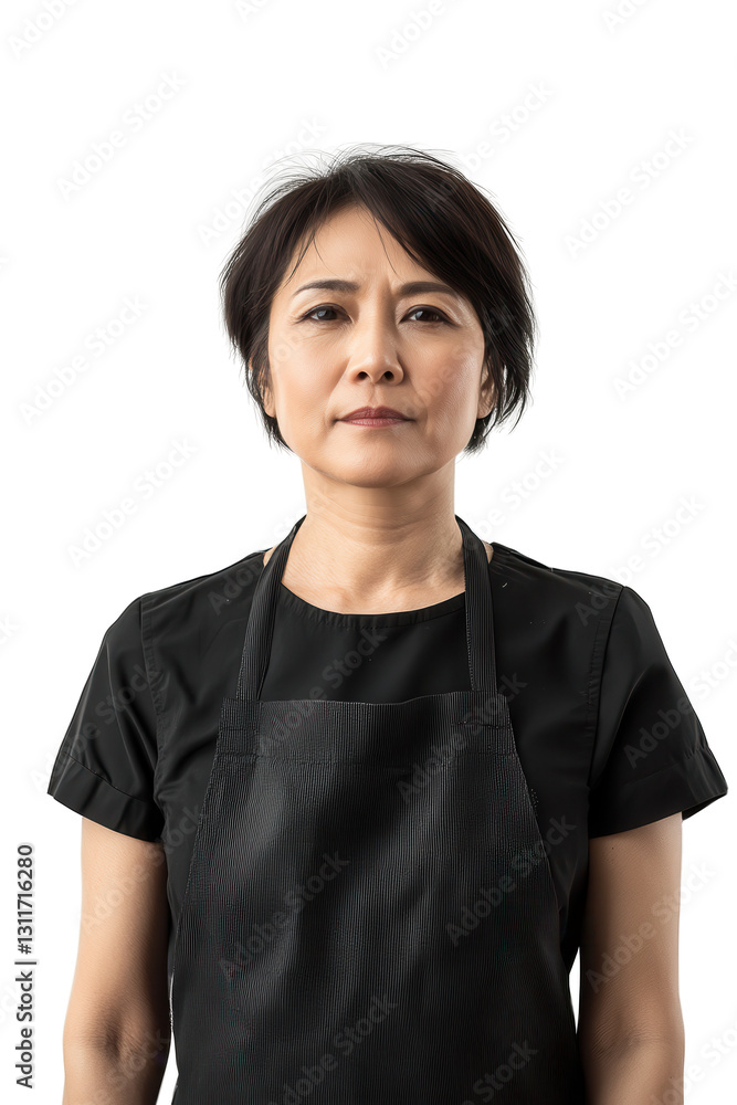 Woman chef in black apron standing isolated on white background, culinary professional, restaurant worker, serious expression, focused on cooking, kitchen expert. Woman chef in black apron standing isolated on white background, culinary professional, restaurant worker, serious expression, focused on cooking, kitchen expert.