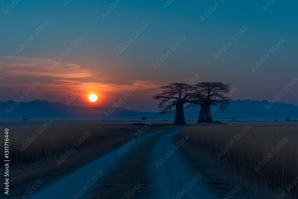Obraz premium Baobab trees silhouetted against a stunning sunset in the African savanna