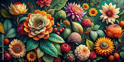 Vibrant Organic Illustrations Vintage Style Stock Photo - Colorful Botanical Art