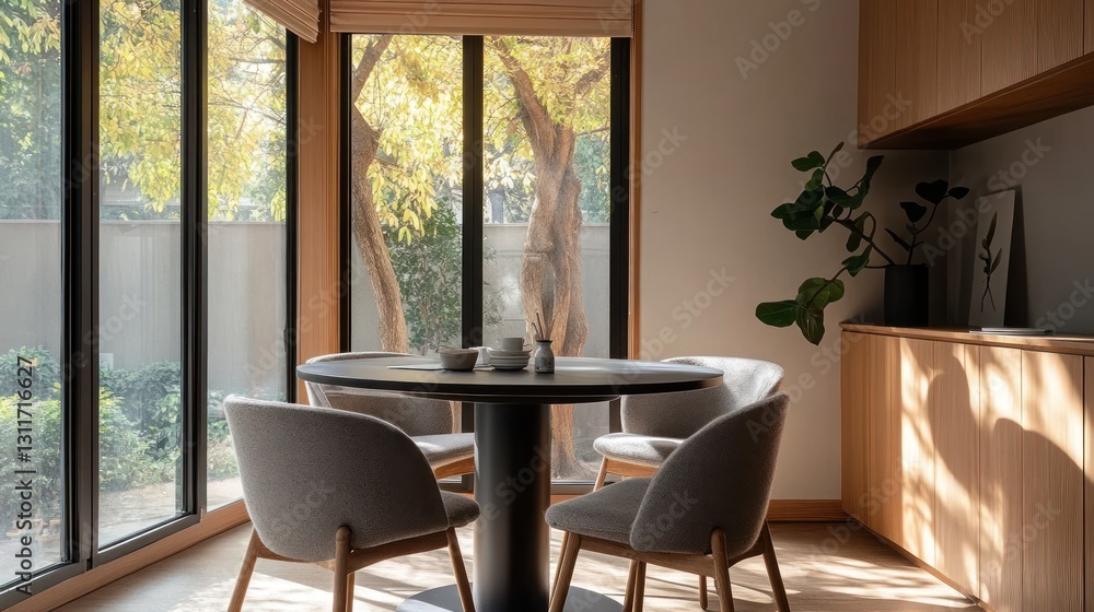 Modern dining area with garden view, bright and airy. Use for interior design or home decor Modern dining area with garden view, bright and airy. Use for interior design or home decor