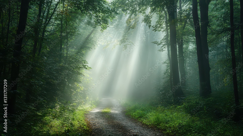 Fototapeta premium A misty path winds through a dense forest, sunlight piercing the fog, creating an enchanting atmosphere.