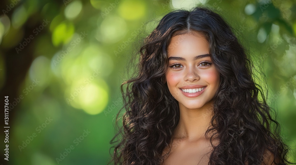 Naklejka premium Radiant Beauty: A Portrait of a Smiling Young Woman with Long Curly Hair in a Lush Green Natural Setting