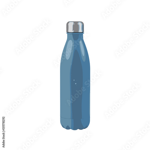 Matte blue stainless steel water bottle with a silver top on a white background for hydration and eco-friendly lifestyle copy space
