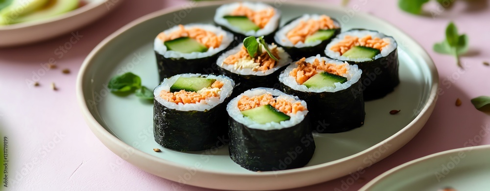 Plant-based Food Delicious sushi rolls on a plate. Plant-based Food Delicious sushi rolls on a plate.