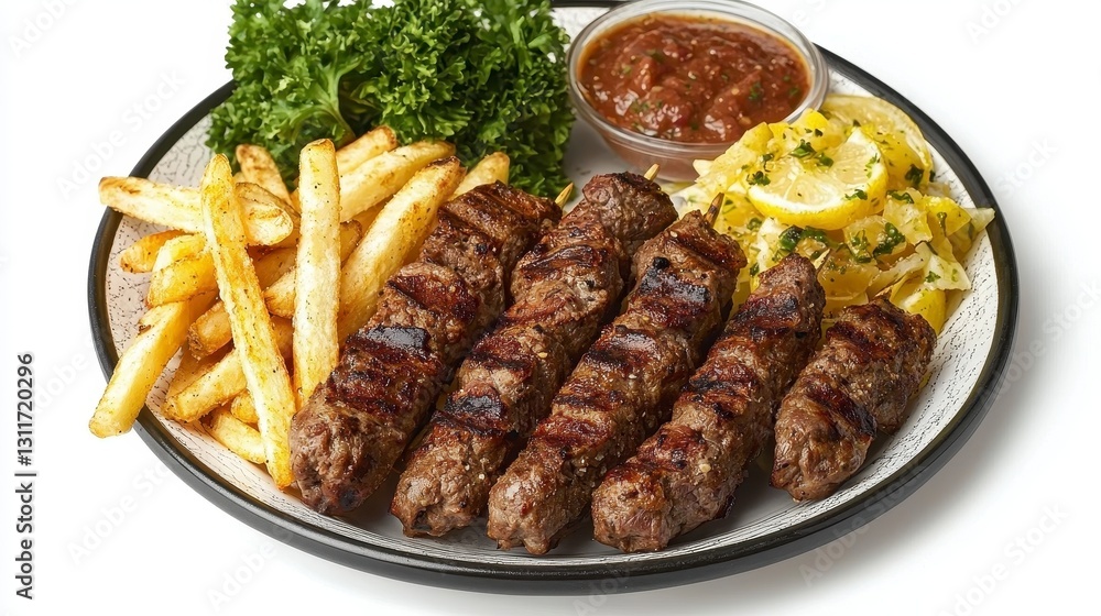 Grilled Meat Skewers with Fries and Salad Grilled Meat Skewers with Fries and Salad