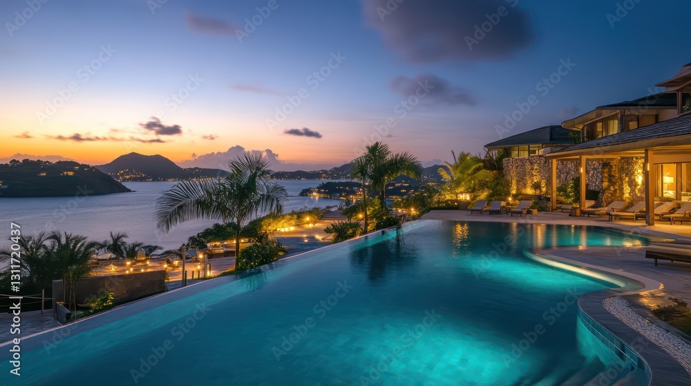 Fototapeta premium A boutique resort countdown by the infinity pool, soft lighting, chic decor, and panoramic sunset views