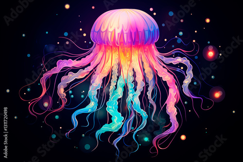 Illustration of multicolored jellyfish on a dark background, marine animal. Image created with AI photo