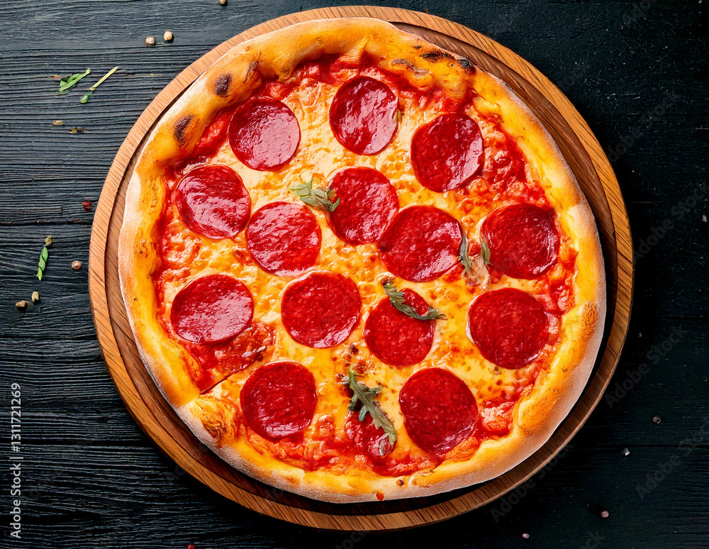 Pizza with salami on wooden board delicious Italian meal