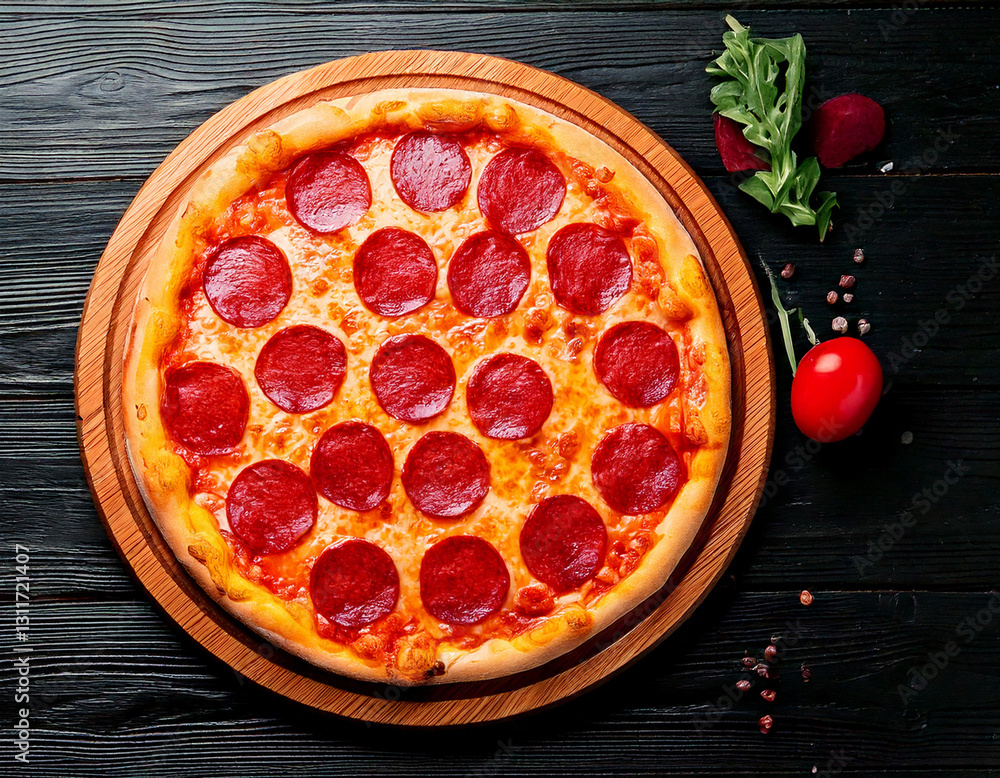 Pizza with salami on wooden board delicious Italian meal