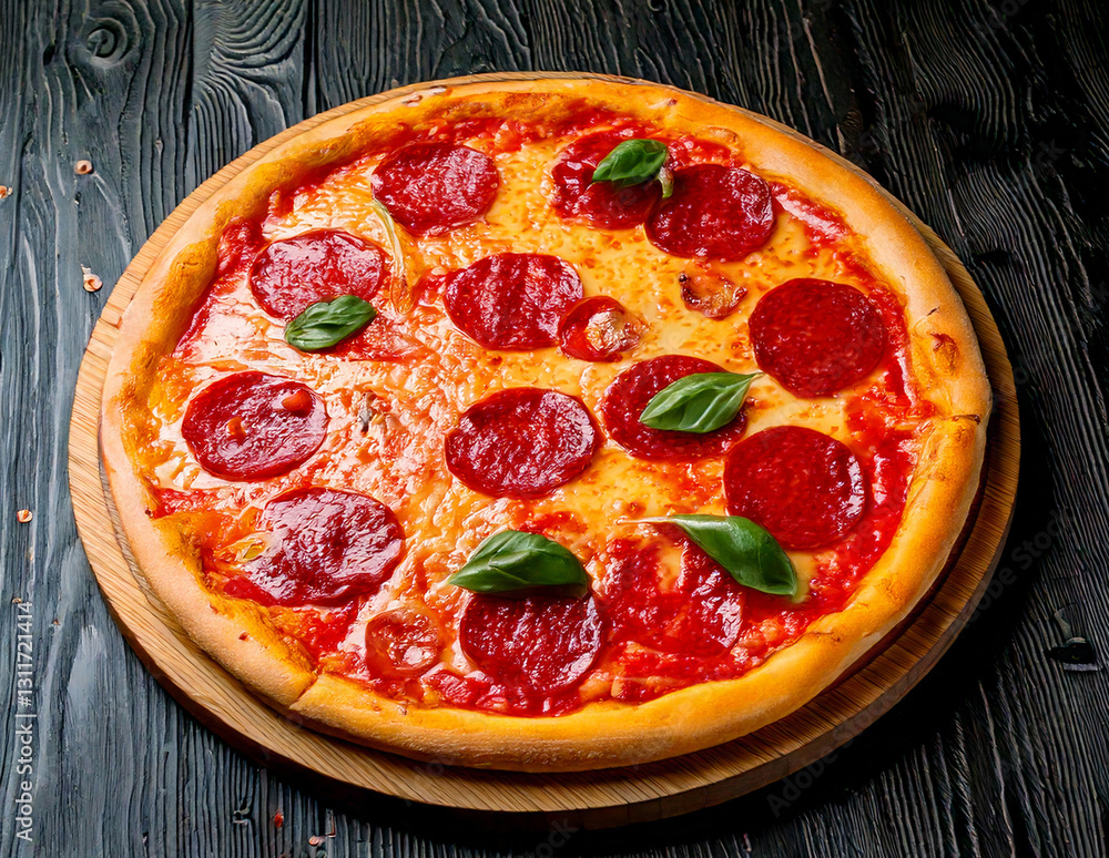 Pizza with salami on wooden board delicious Italian meal