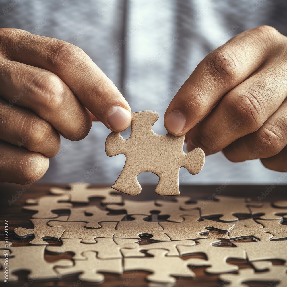 Hands Placing Jigsaw Puzzle Piece on Wooden Surface Hands Placing Jigsaw Puzzle Piece on Wooden Surface