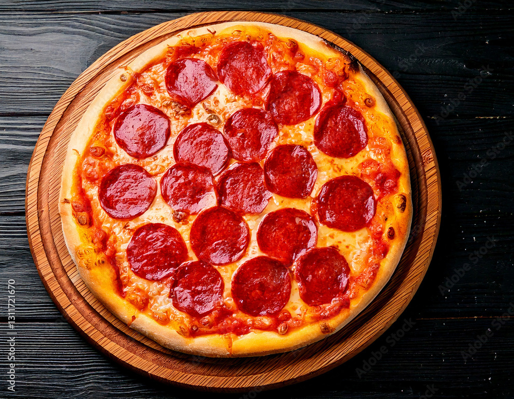 Pizza with salami on wooden board delicious Italian meal
