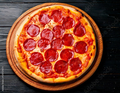 Pizza with salami on wooden board delicious Italian meal