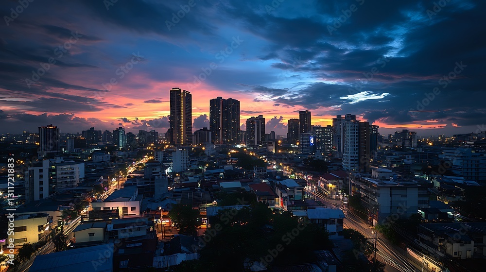 Fototapeta premium Dramatic sunset cityscape with skyscrapers and colorful clouds.