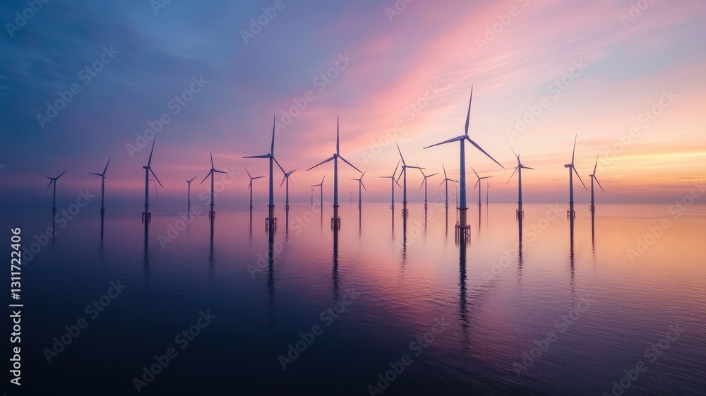 Obraz premium Aerial view of a serene offshore wind farm at sunrise, reflecting calm waters and sustainable energy innovation.