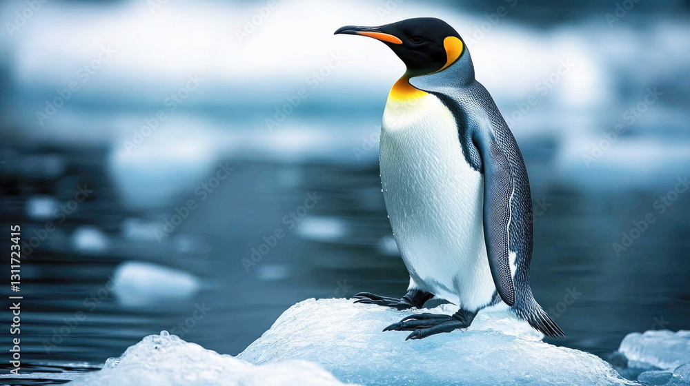Fototapeta premium Majestic emperor penguin standing on iceberg in antarctic waters