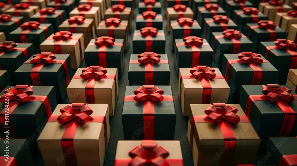 Fototapeta premium A grid of neatly wrapped gifts, all in a gold paper with a red ribbon, creating a festive and uniform pattern.