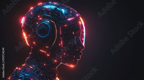Futuristic humanoid robot silhouette illuminated with neon lights against a dark backdrop