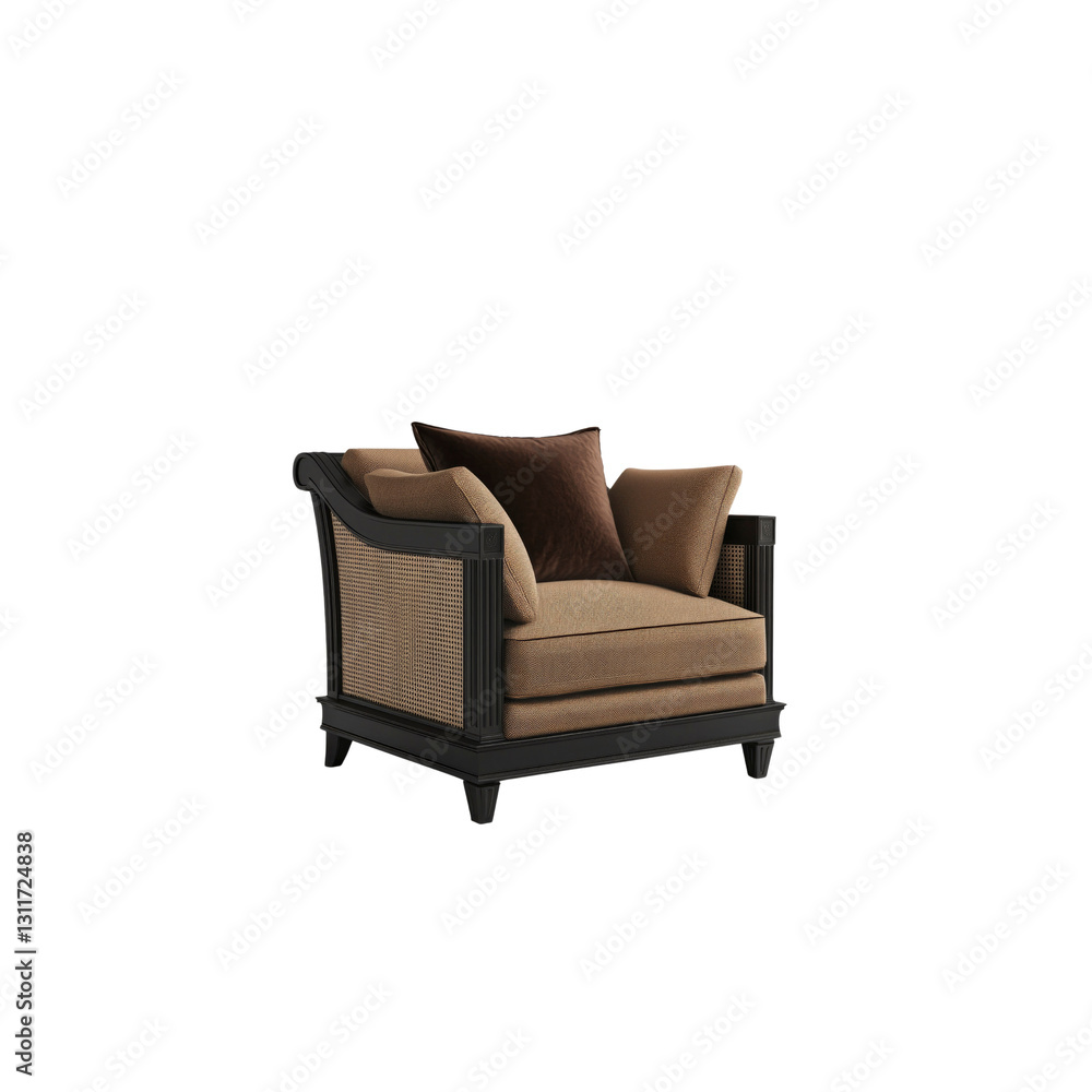 Elegant Cane and Upholstered Armchair in Dark Wood Frame Elegant Cane and Upholstered Armchair in Dark Wood Frame